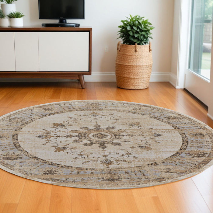 8' Round Oriental Power Loom Distressed Area Rug - Brown And Ivory