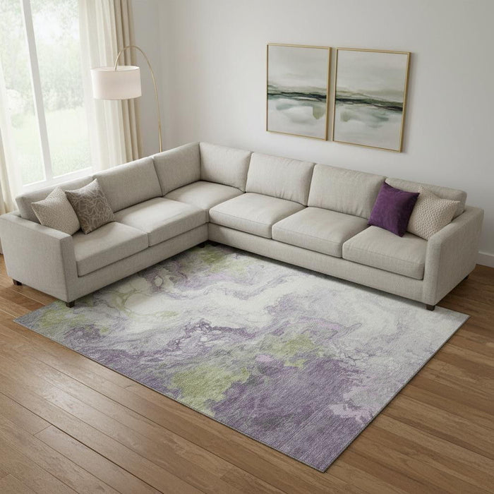 10' X 14' Abstract Washable Area Rug With UV Protection (705431) - Lavender / Green / Ivory