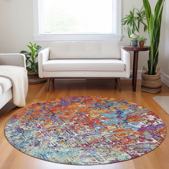 8' Diamond Washable Round Rug With UV Protection - Copper