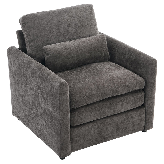 Giga cozy upholstered cushion armchair with plush fabric and wooden legs, ideal for living room comfort and style.