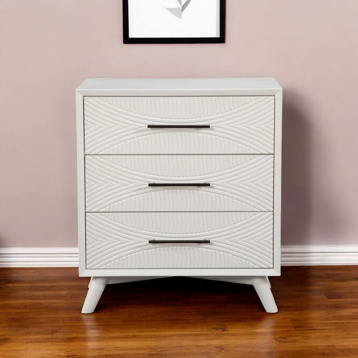 34" Carved Geometric Solid Wood Three Drawer Dresser - White
