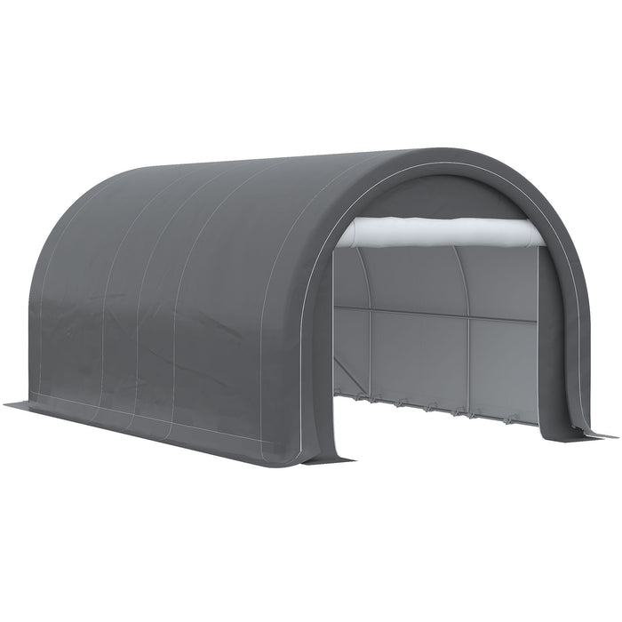 Giga Outsunny 10x16 ft portable carport with UV-resistant canopy, large zipper door, shelter for cars, boats, motorcycles, and outdoor tools.