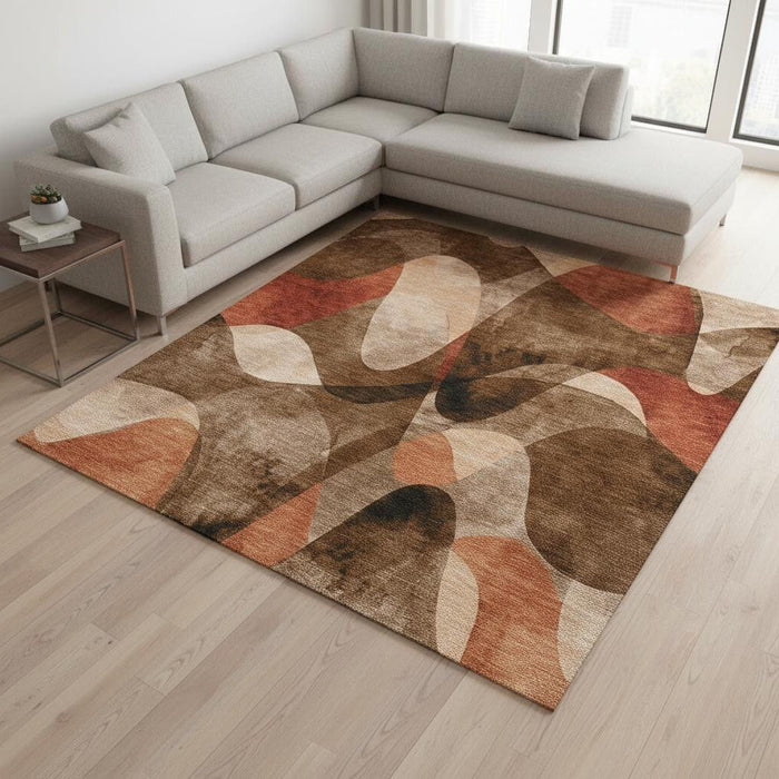 9' X 12' Abstract Washable Area Rug With UV Protection (648069) - Chocolate / Beige / Copper
