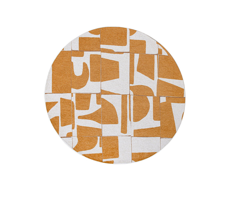 8' Round Geometric Non Skid Area Rug - Yellow And White