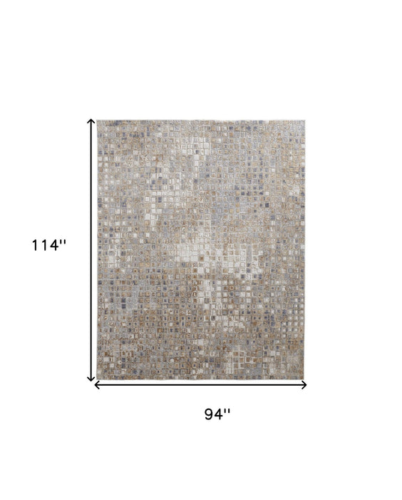 8' x 10' Geometric Power Loom Distressed Area Rug - Tan Ivory And Blue