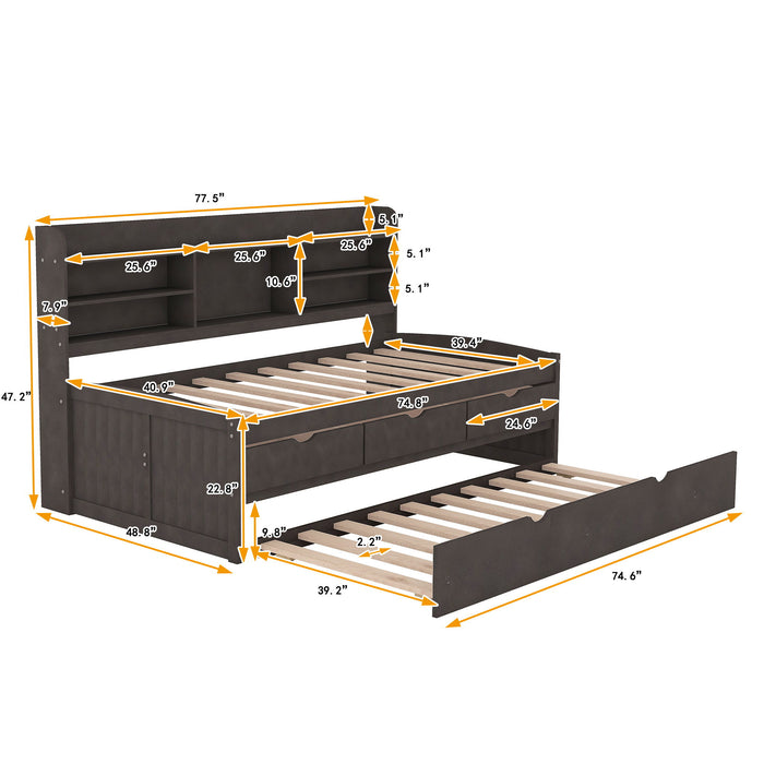 Giga Captain bed with built-in bookshelves, three storage drawers, and a trundle, featuring a modern wooden frame and cozy bedding