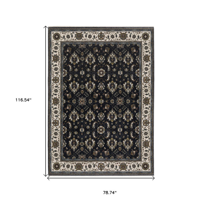 7' X 10' Oriental Area Rug With Fringe - Blue And Ivory