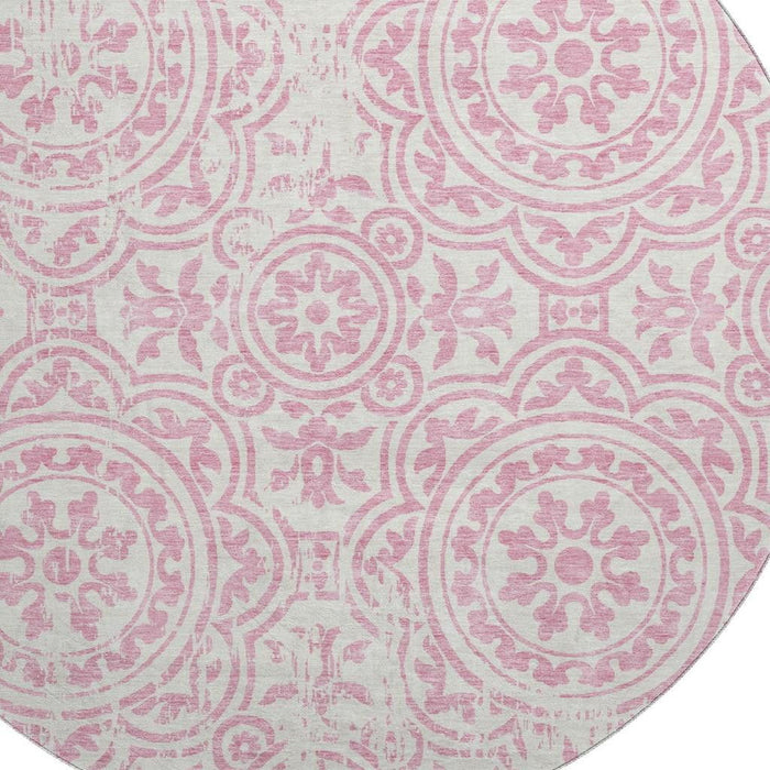 8' Medallion Washable Round Rug With UV Protection - Pink / Ivory