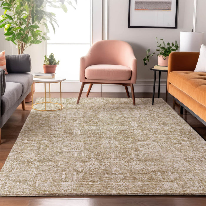 8' X 10' Floral Washable Area Rug Polyester With UV Protection - Beige / Ivory