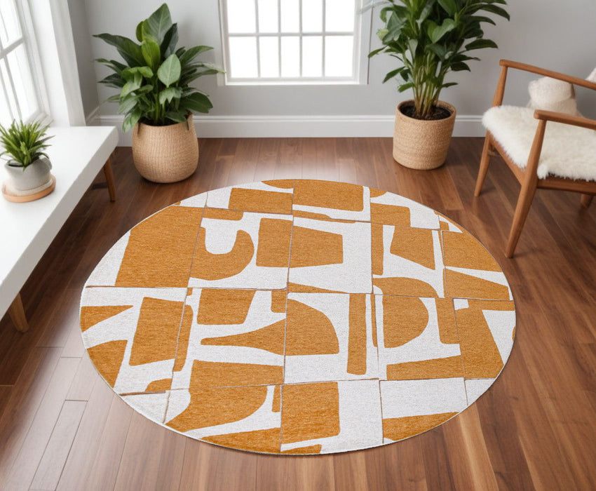 8' Round Geometric Non Skid Area Rug - Yellow And White