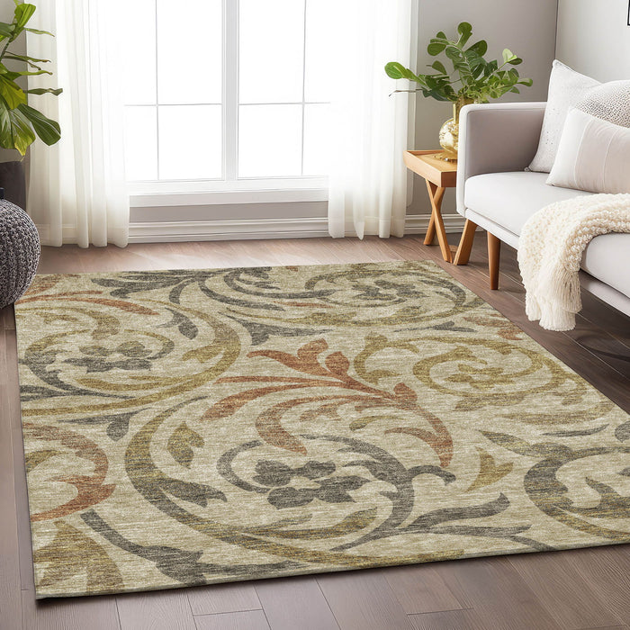10' X 14' Floral Washable Area Rug With UV Protection - Beige / Brown