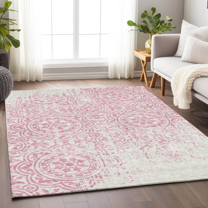 10' X 14' Medallion Washable Area Rug With UV Protection - Pink / Ivory