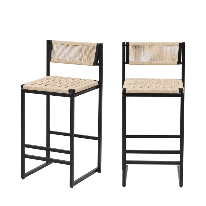 Giga Style B woven bar stool set with backrest, cream-colored paper rope weave dining chairs for kitchen island.