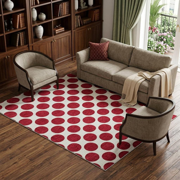 10' X 14' Polka Dot Washable Area Rug With UV Protection (677435) - Red / Ivory