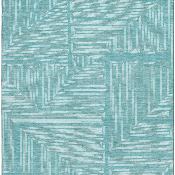 10' X 14' Geometric Washable Area Rug With UV Protection (682019) - Turquoise / Ivory
