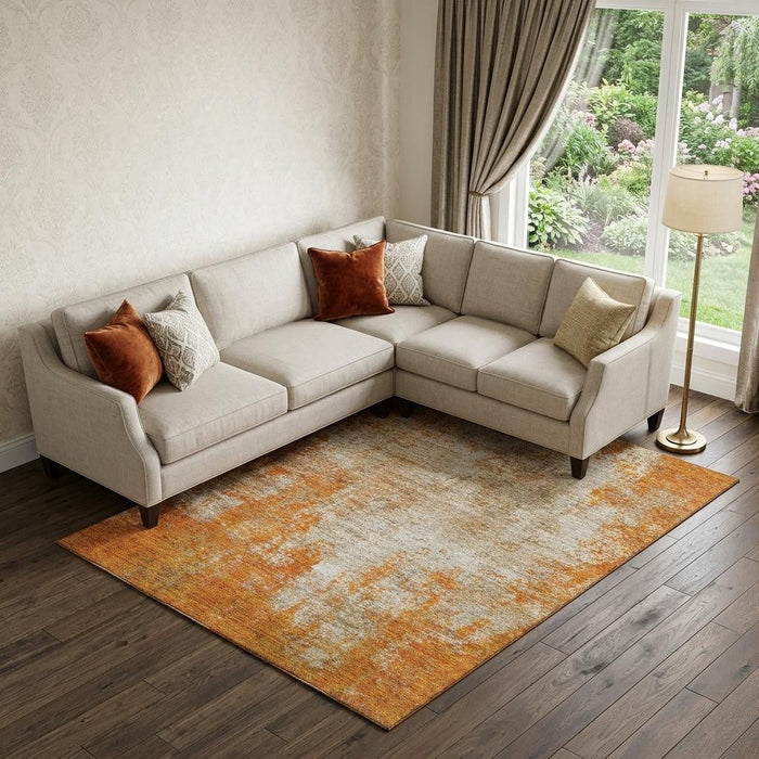 10' X 14' Abstract Washable Area Rug With UV Protection (674868) - Orange / Ivory