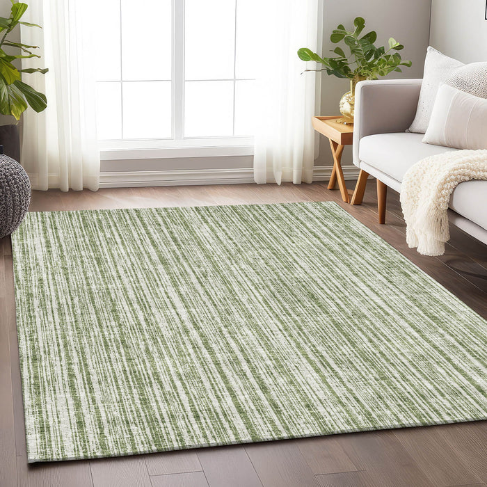 10' X 14' Striped Washable Area Rug With UV Protection - Green And Ivory