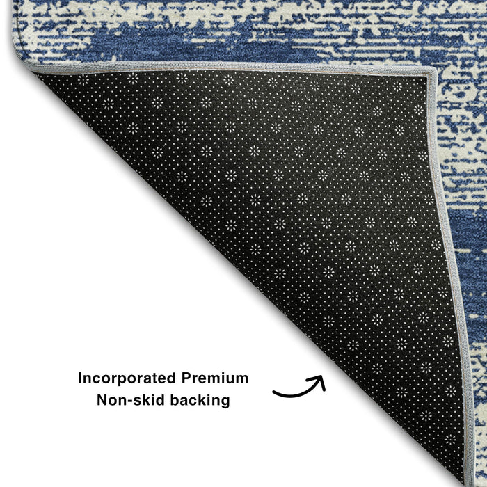 10' X 14' Striped Washable Area Rug With UV Protection (668163) - Navy Blue / Ivory
