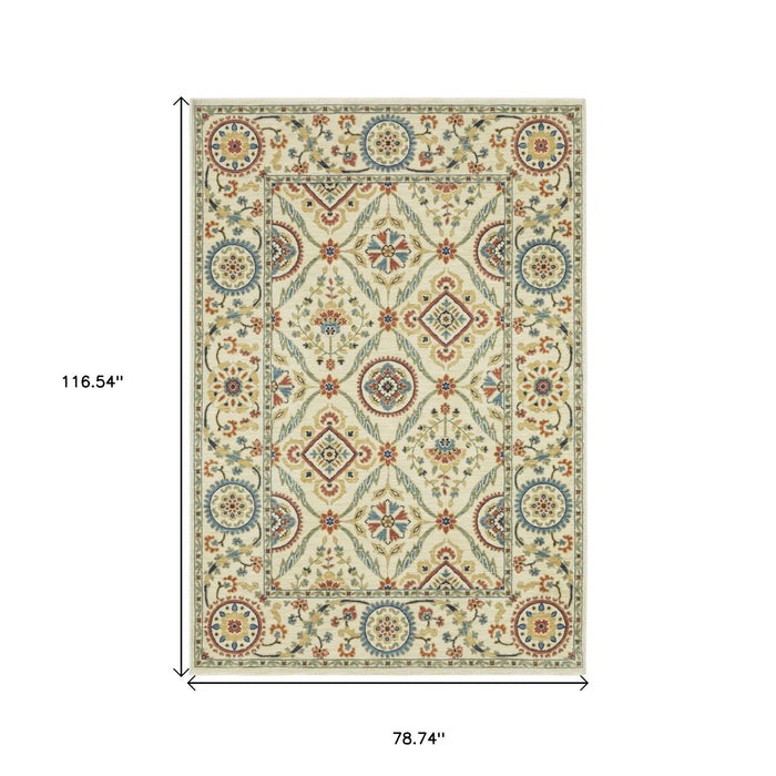 10' X 7' Oriental Area Rug With Fringe - Ivory / Orange