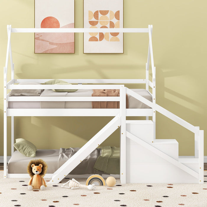 Giga twin over twin bunk bed with house loft design, slide, and staircase, featuring sturdy wood construction and playful style.
