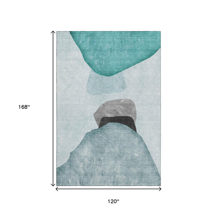 10' X 14' Abstract Washable Area Rug With UV Protection (648490) - Teal / Gray