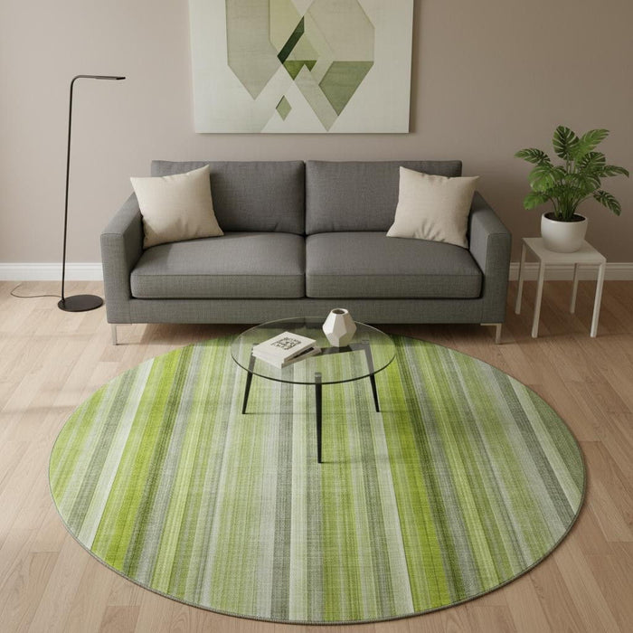 8' Striped Washable Round Rug With UV Protection (648385) - Green / Ivory