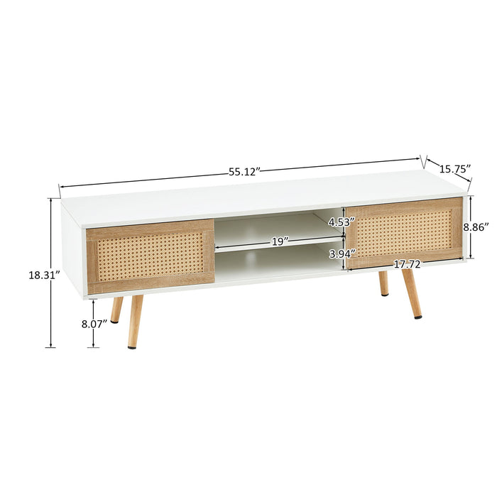 Giga 55.12-inch rattan TV cabinet with double sliding doors, adjustable shelf, solid wood legs, ideal for living room storage.