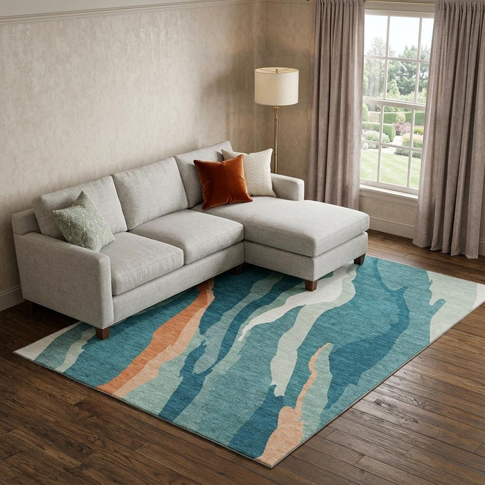 10' X 14' Abstract Washable Area Rug With UV Protection (682163) - Teal / Orange / Ivory