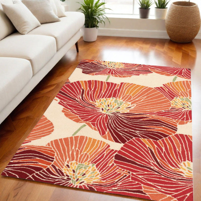 8' X 11' Floral Hand Hooked Area Rug - Ivory / Sunset