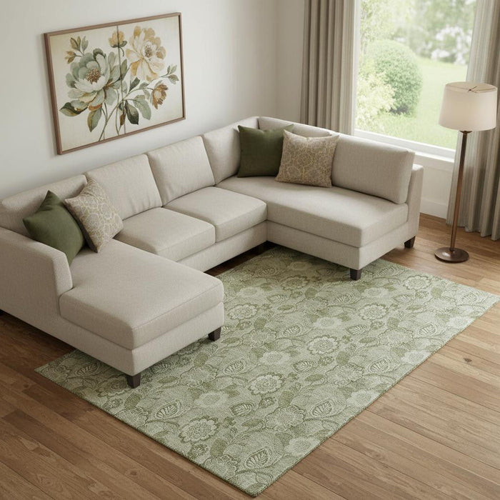 10' X 14' Floral Washable Area Rug With UV Protection (708766) - Artichoke Green / Fern Green