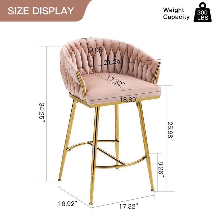 Set of two Giga pink counter height bar stools with wave back design, golden chromed base, and footrests for kitchen islands.