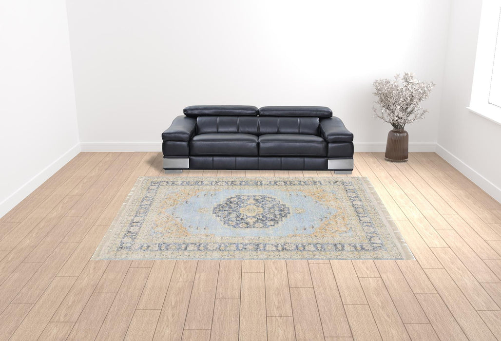 10' x 13' Oriental Hand Loomed Stain Resistant Area Rug With Fringe - Blue And Beige