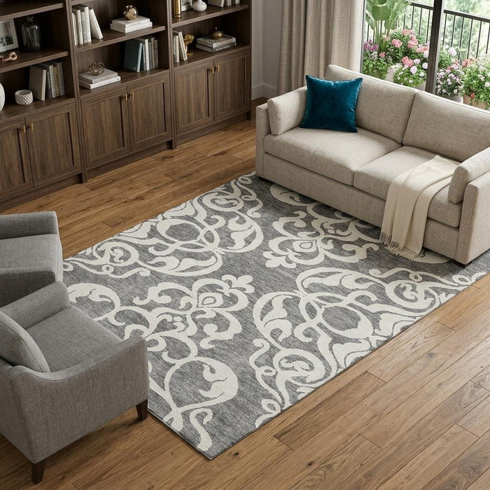 10' X 14' Damask Washable Area Rug With UV Protection (676920) - Gray / Ivory