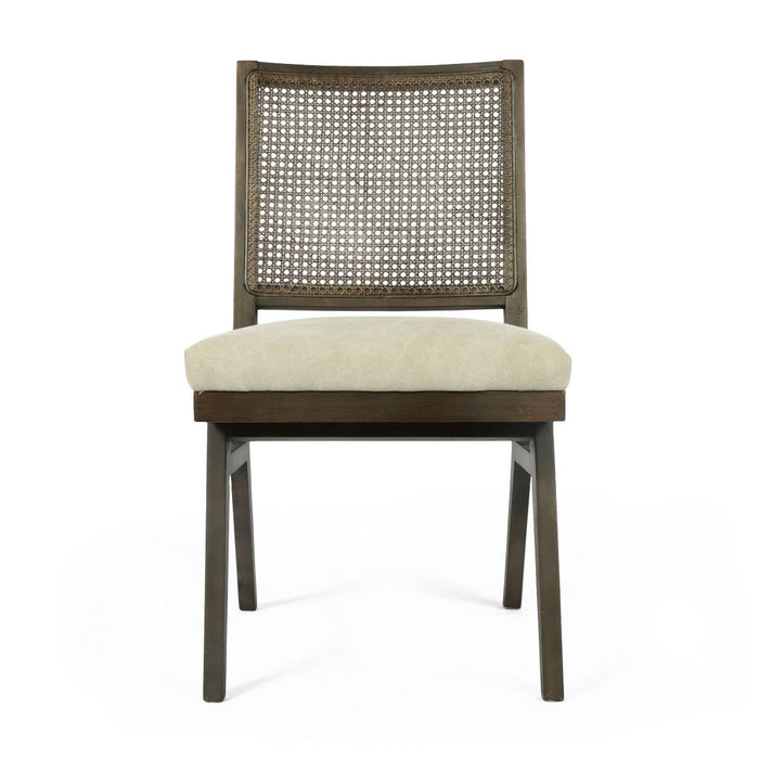 Wood Cane Upholstery Dining Side Chairs (Set of 2) - Brown / Gray