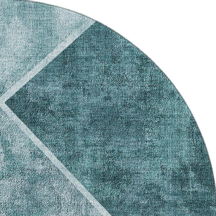 8' Geometric Washable Round Rug With UV Protection (655576) - Teal / Ivory