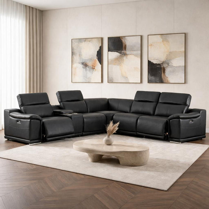 Leather Modular L Shaped Six Piece Corner Sectional With Console - Black