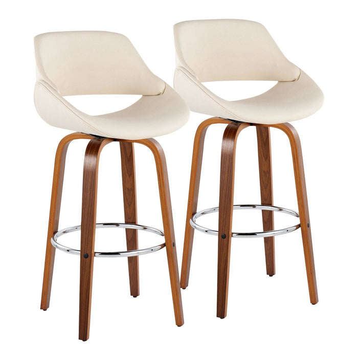 Fabrizzi - 30" Fixed-Height Barstool With Swivel And Round Chrome Metal Footrest (Set of 2) - Walnut Wood