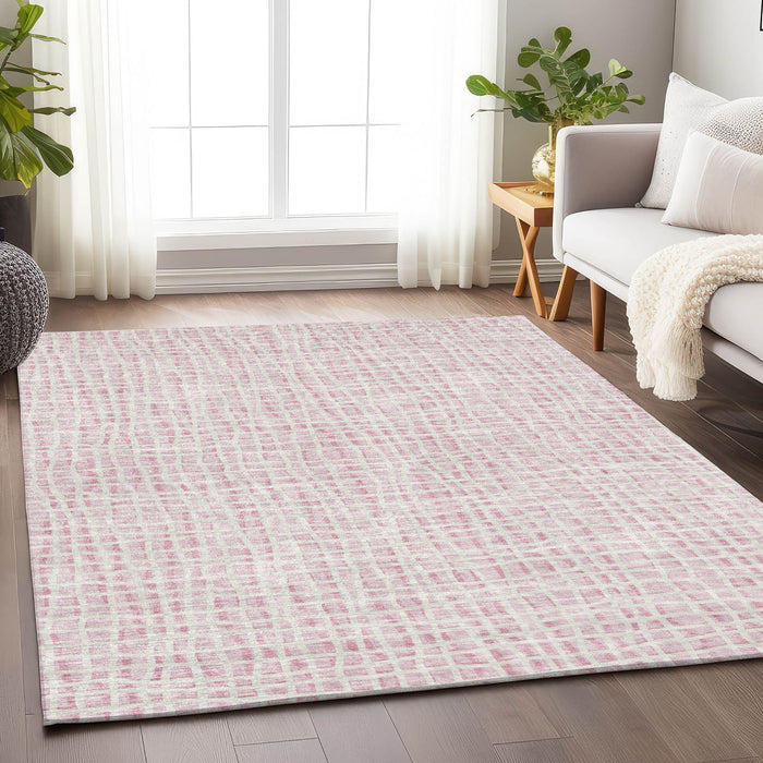 10' X 14' Striped Washable Area Rug With UV Protection - Pink / Ivory