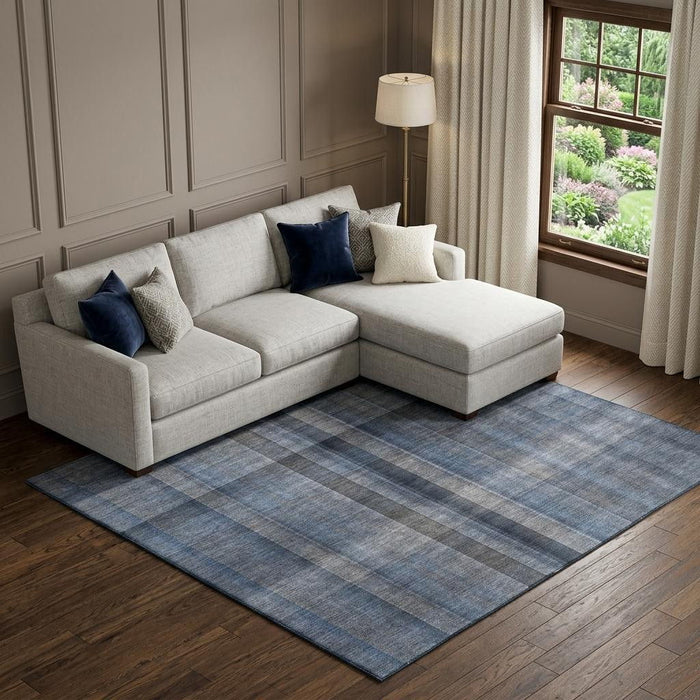 9' X 12' Plaid Washable Area Rug With UV Protection (648495) - Blue / Gray