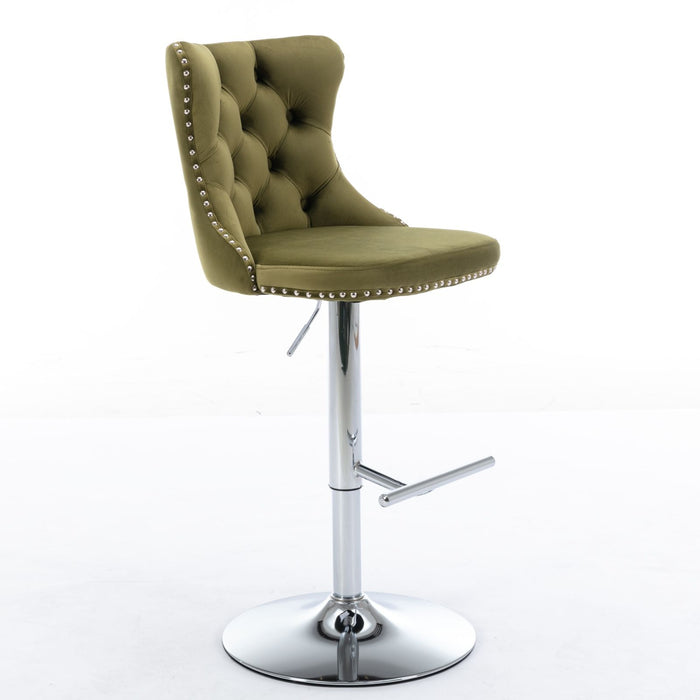 Pair of Giga swivel barstool sets with adjustable height, tufted upholstery, back support, ideal for home pubs and kitchen islands.
