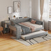 Giga upholstered platform bed with storage shelves, integrated desk, charging station, and trundle for versatile bedroom use.