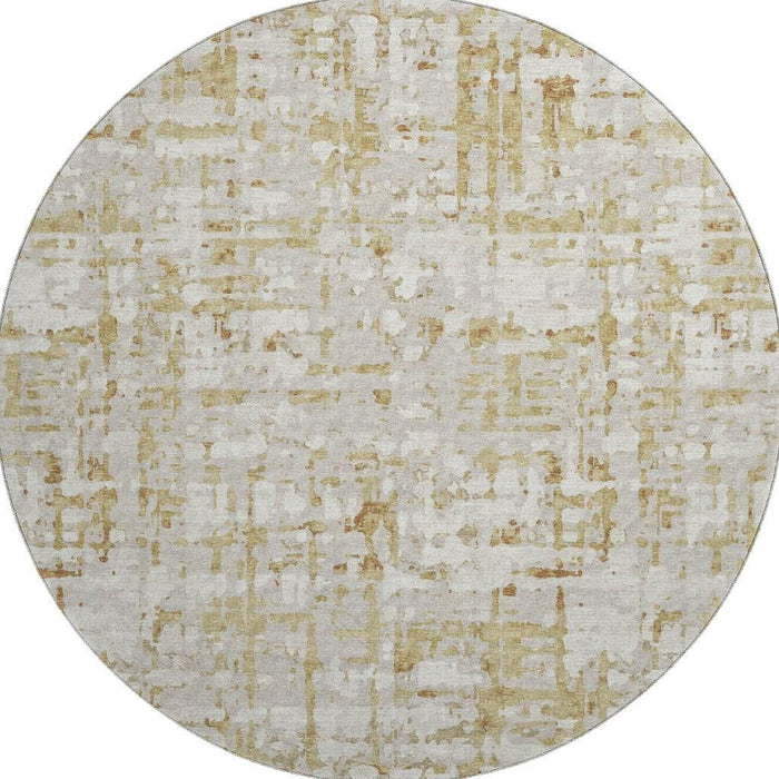 8' Abstract Washable Round Rug With UV Protection - Camel And Ivory