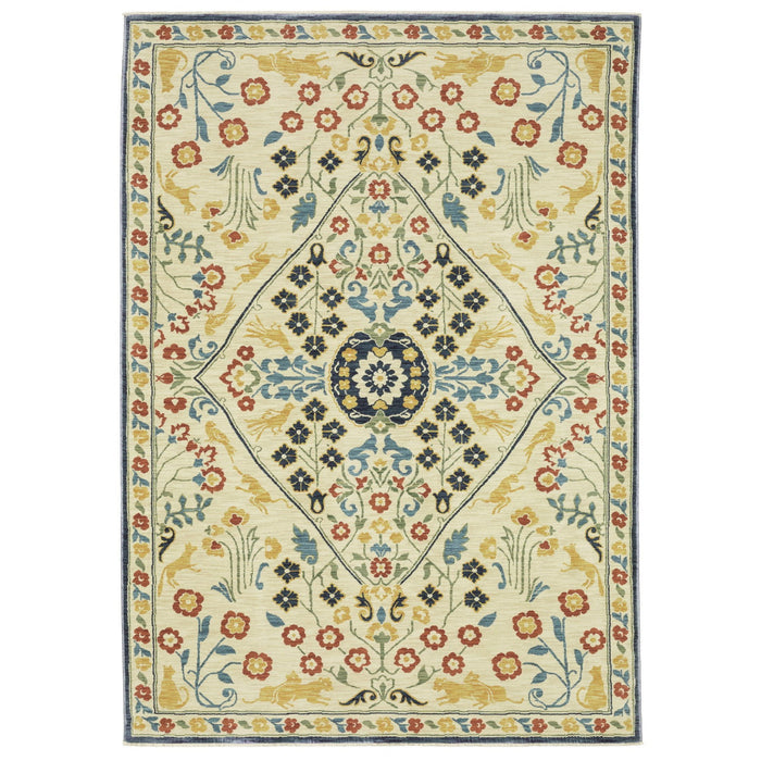 10' X 13' Oriental Area Rug With Fringe - Ivory And Navy Blue