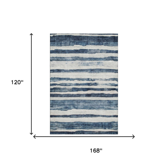 10' X 14' Striped Washable Area Rug With UV Protection (688267) - Denim Blue / Ivory