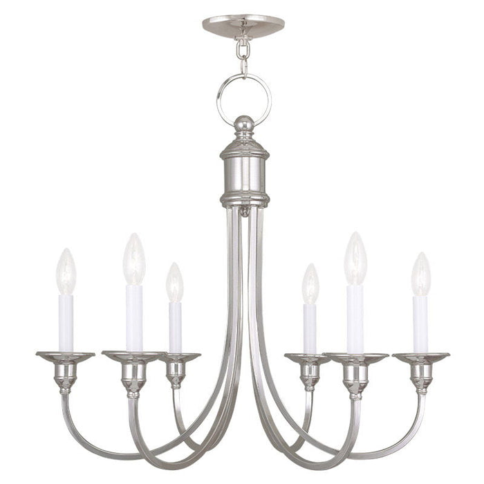 HomeRoots 23-inch nickel six-light metal chandelier with shades, featuring a modern design and dimmable lighting for elegant home decor.