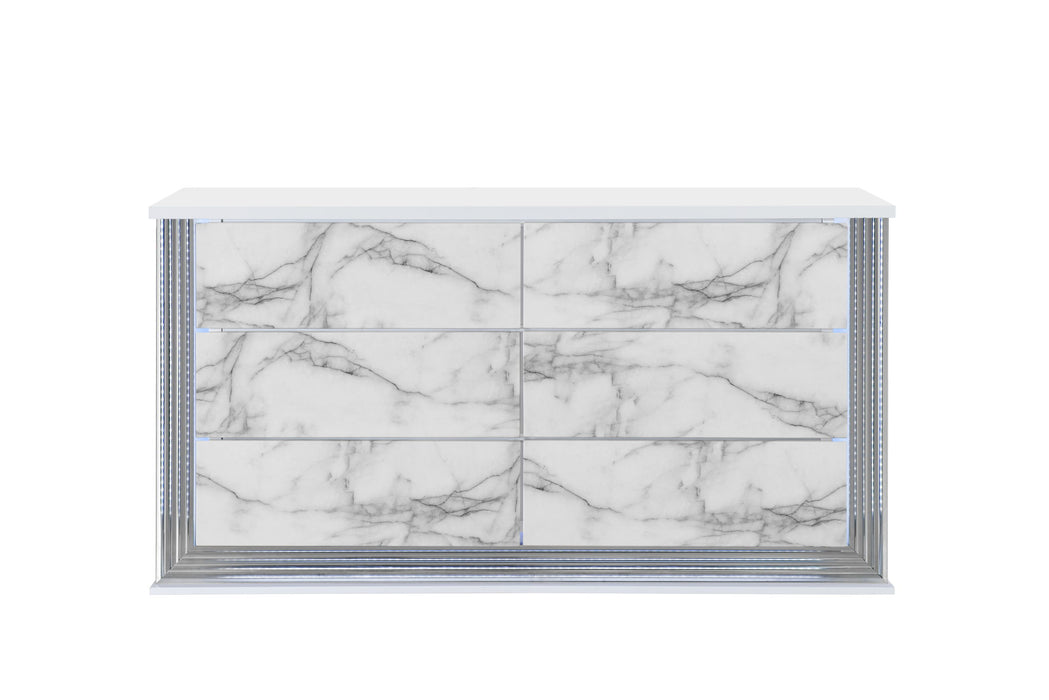 61" Faux Marble And Wood Lighted Six Drawer Double Dresser - White