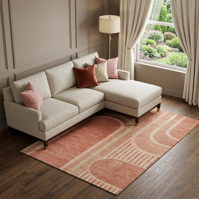9' X 12' Geometric Washable Area Rug With UV Protection (647925) - Salmon / Beige
