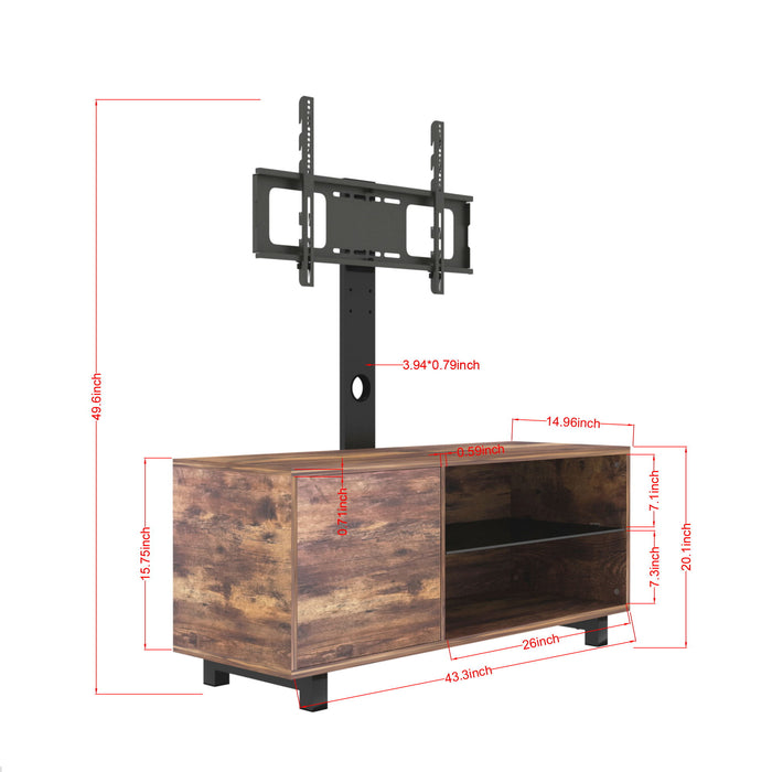 Rustic brown Giga TV console with push-to-open storage cabinet, wood and glass TV stand for living room or bedroom.