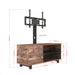 Rustic brown Giga TV console with push-to-open storage cabinet, wood and glass TV stand for living room or bedroom.