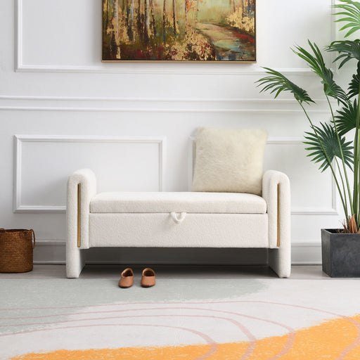 Giga Modern Teddy upholstered large bed end bench with arms and storage, featuring soft fabric and a contemporary design.